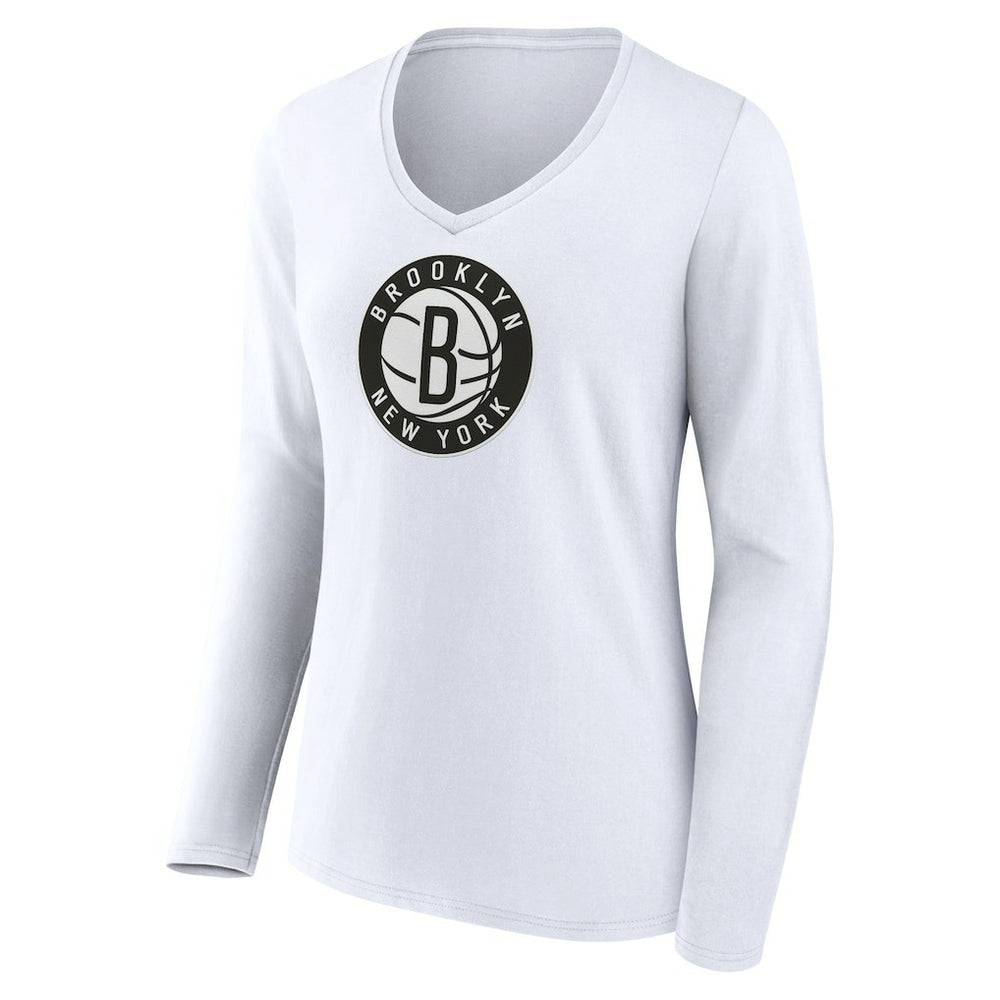 White Brooklyn Nets Women's Logo Long Sleeve V-Neck T-Shirt | NBA