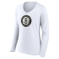White Brooklyn Nets Women's Logo Long Sleeve V-Neck T-Shirt | NBA