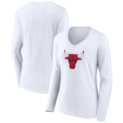 White Chicago Bulls Women's Logo Long Sleeve V-Neck T-Shirt sale | NBA