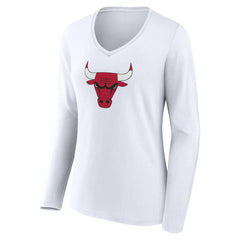 White Chicago Bulls Women's Logo Long Sleeve V-Neck T-Shirt sale | NBA