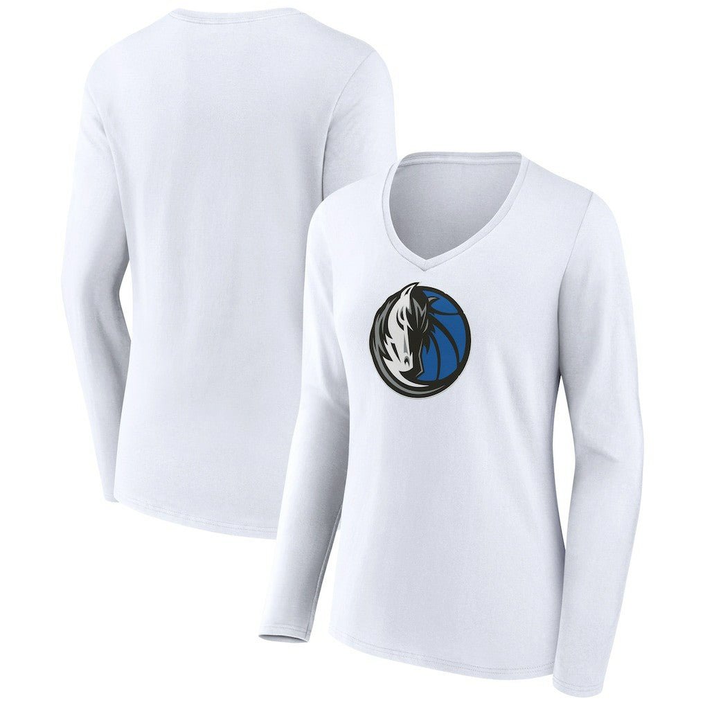 White Dallas Mavericks Women's Logo Long Sleeve V-Neck T-Shirt sale | NBA