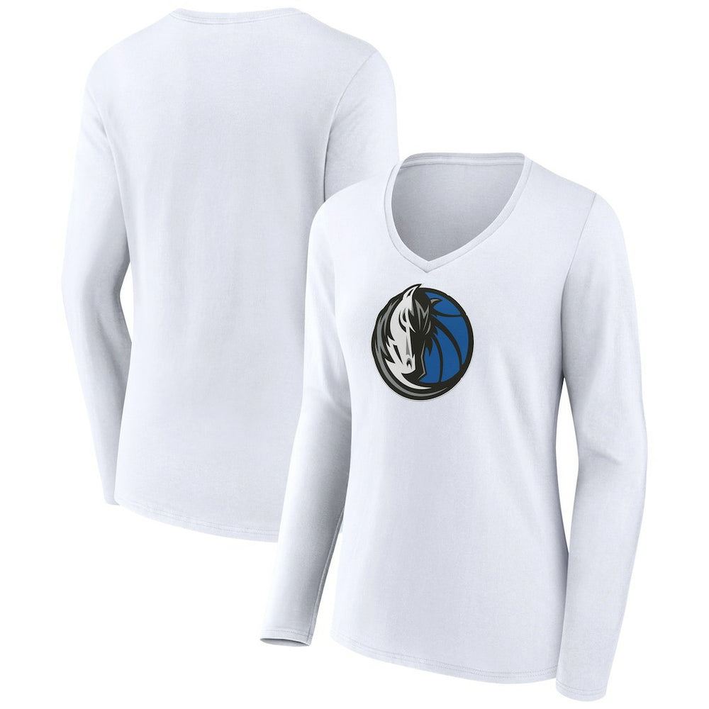 White Dallas Mavericks Women's Logo Long Sleeve V-Neck T-Shirt sale | NBA