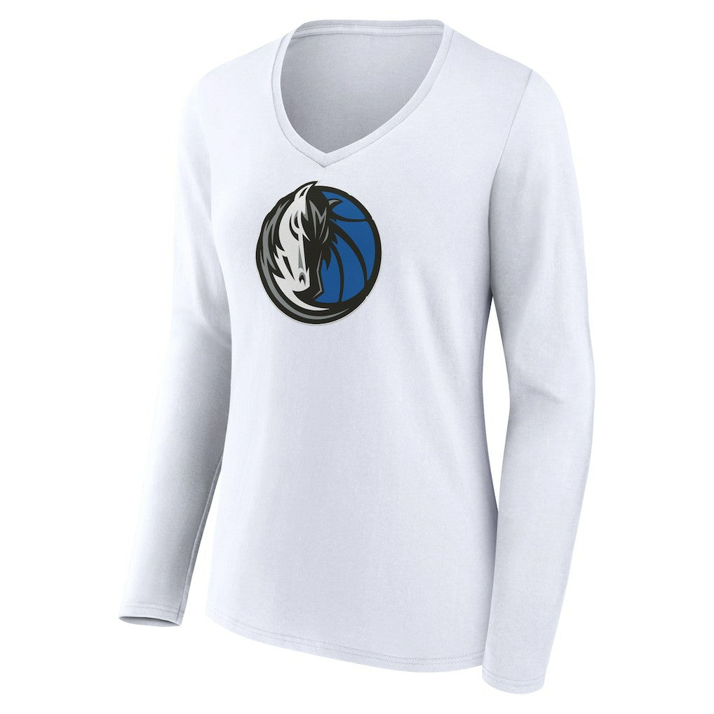 White Dallas Mavericks Women's Logo Long Sleeve V-Neck T-Shirt sale | NBA
