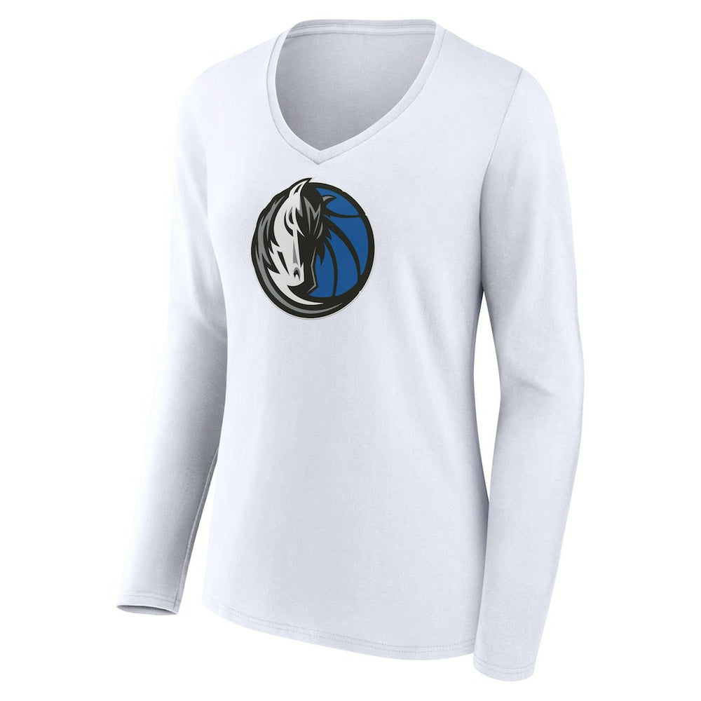 White Dallas Mavericks Women's Logo Long Sleeve V-Neck T-Shirt sale | NBA