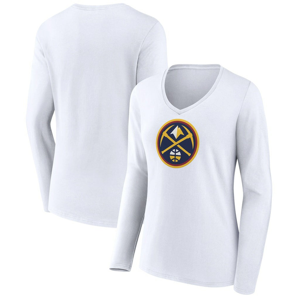 White Denver Nuggets Women's Logo Long Sleeve V-Neck T-Shirt sale | NBA