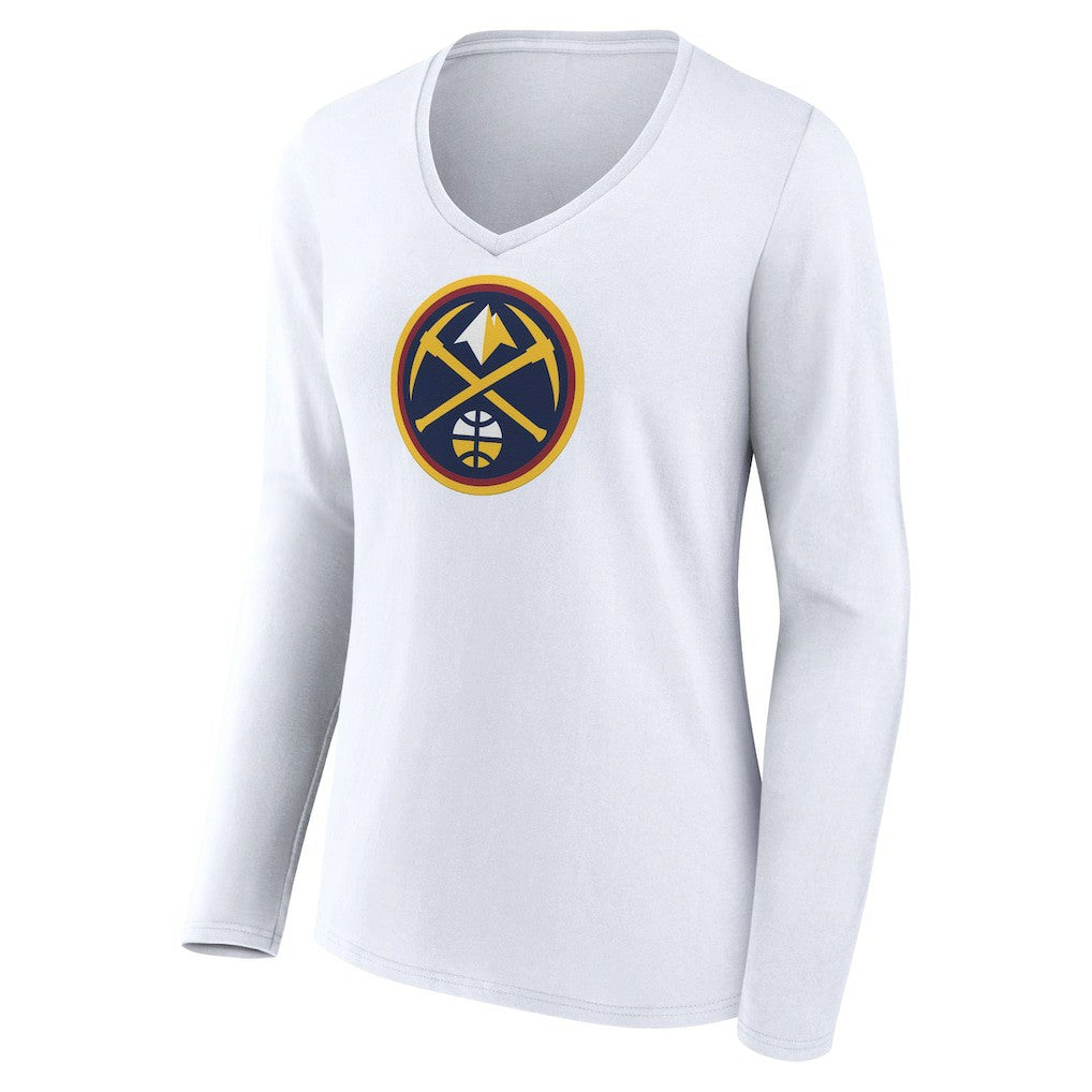 White Denver Nuggets Women's Logo Long Sleeve V-Neck T-Shirt sale | NBA