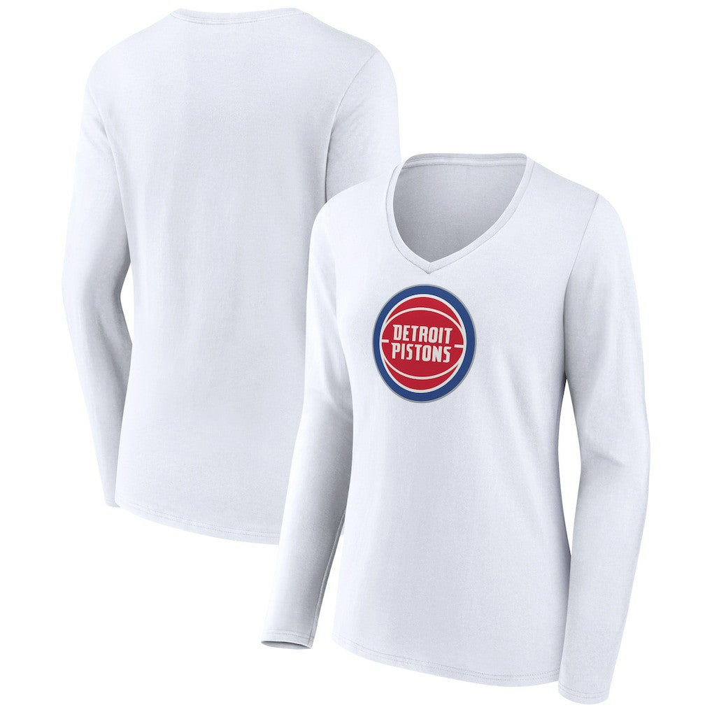 White Detroit Pistons Women's Logo Long Sleeve V-Neck T-Shirt sale | NBA