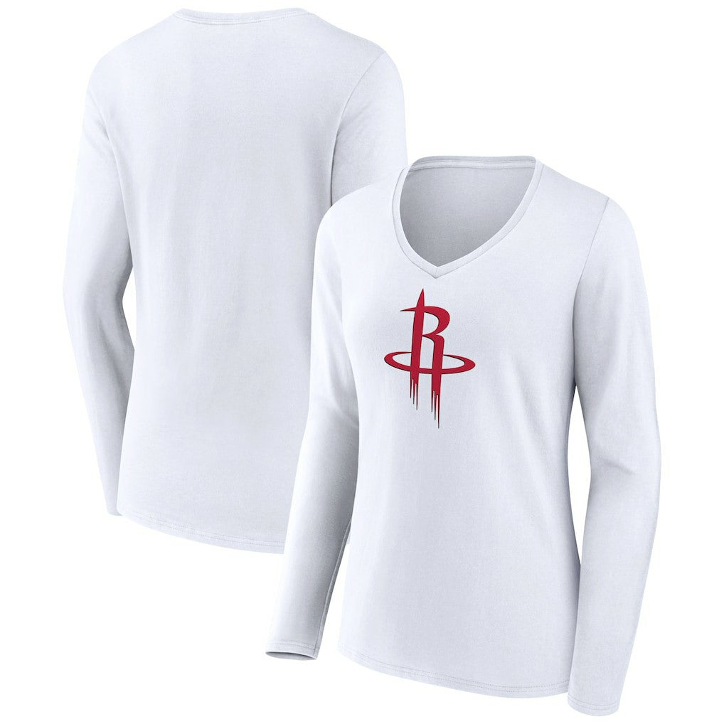 White Houston Rockets Women's Logo Long Sleeve V-Neck T-Shirt | NBA