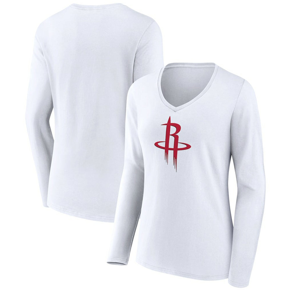 White Houston Rockets Women's Logo Long Sleeve V-Neck T-Shirt | NBA