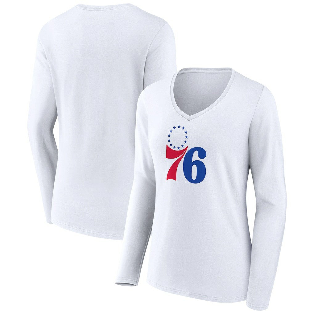 White Philadelphia 76ers Women's Logo Long Sleeve V-Neck T-Shirt | NBA