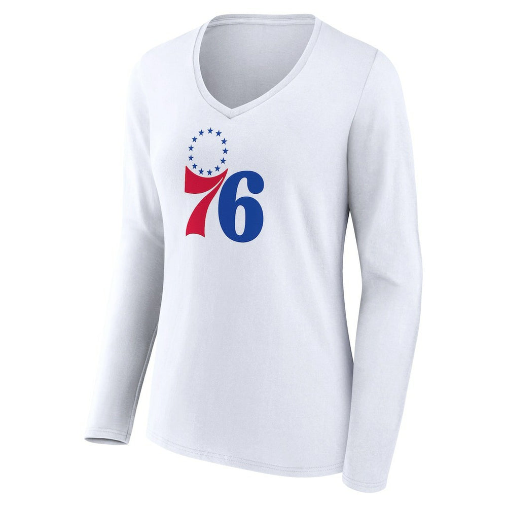 White Philadelphia 76ers Women's Logo Long Sleeve V-Neck T-Shirt | NBA