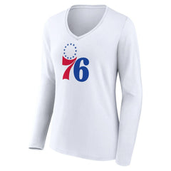White Philadelphia 76ers Women's Logo Long Sleeve V-Neck T-Shirt | NBA