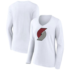 White Portland Trail Blazers Women's Logo Long Sleeve V-Neck T-Shirt | NBA