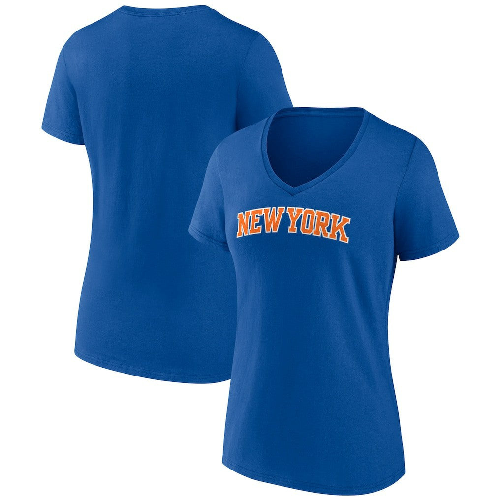 Royal New York Knicks Women's Wordmark V-Neck T-Shirt | NBA