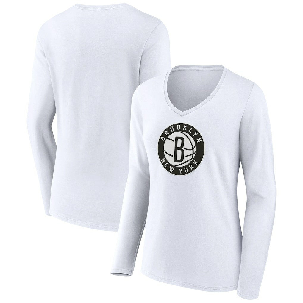 White Brooklyn Nets Women's Alternate Logo V-Neck Long Sleeve T-Shirt | NBA