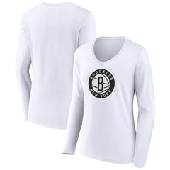 White Brooklyn Nets Women's Alternate Logo V-Neck Long Sleeve T-Shirt | NBA