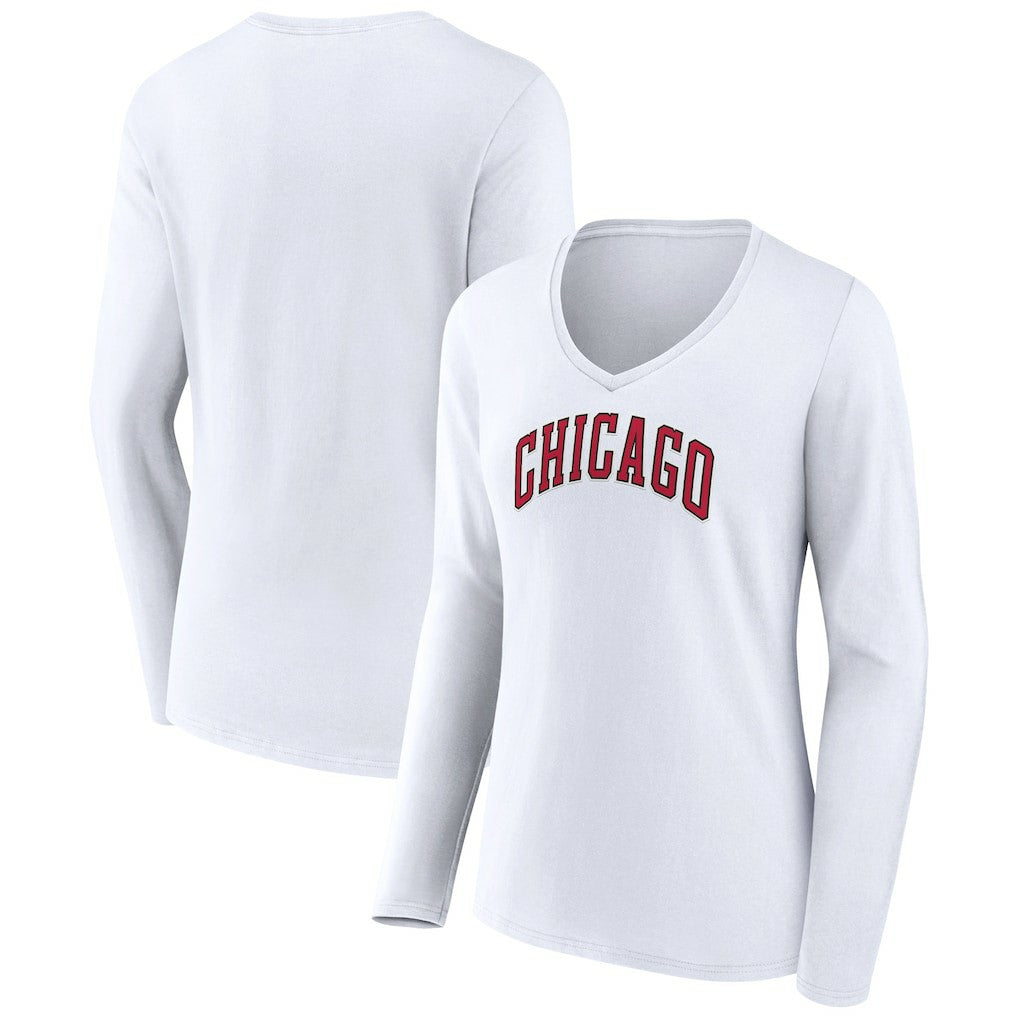 White Chicago Bulls Women's Alternate Logo V-Neck Long Sleeve T-Shirt sale | NBA