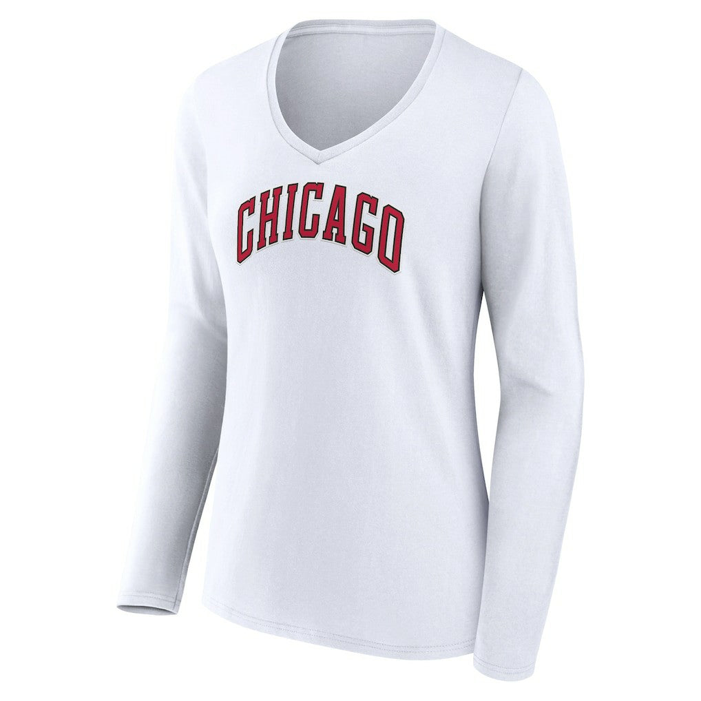 White Chicago Bulls Women's Alternate Logo V-Neck Long Sleeve T-Shirt sale | NBA
