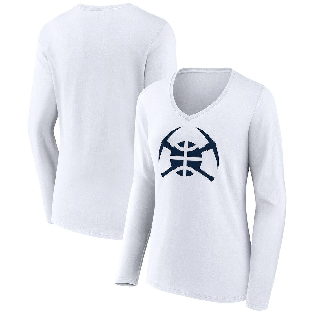 White Denver Nuggets Women's Alternate Logo V-Neck Long Sleeve T-Shirt sale | NBA
