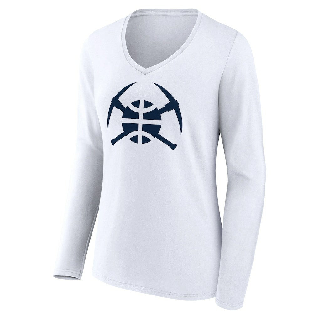 White Denver Nuggets Women's Alternate Logo V-Neck Long Sleeve T-Shirt sale | NBA