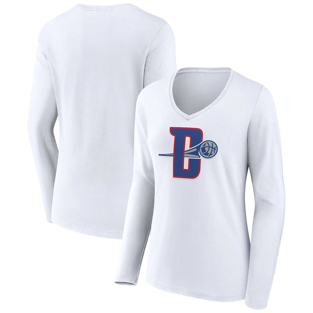 White Detroit Pistons Women's Alternate Logo V-Neck Long Sleeve T-Shirt sale | NBA