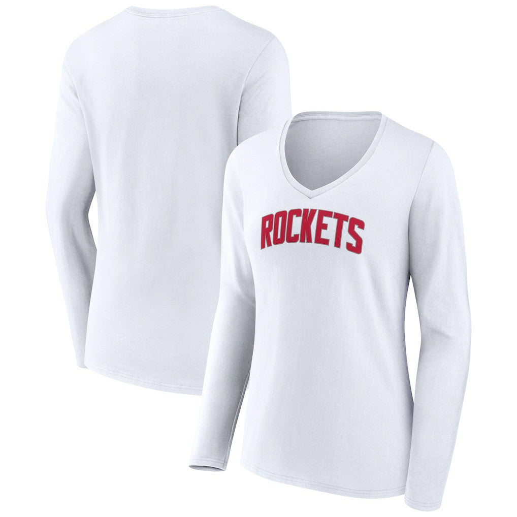 White Houston Rockets Women's Alternate Logo V-Neck Long Sleeve T-Shirt | NBA