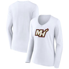 White Miami Heat Women's Alternate Logo V-Neck Long Sleeve T-Shirt | NBA