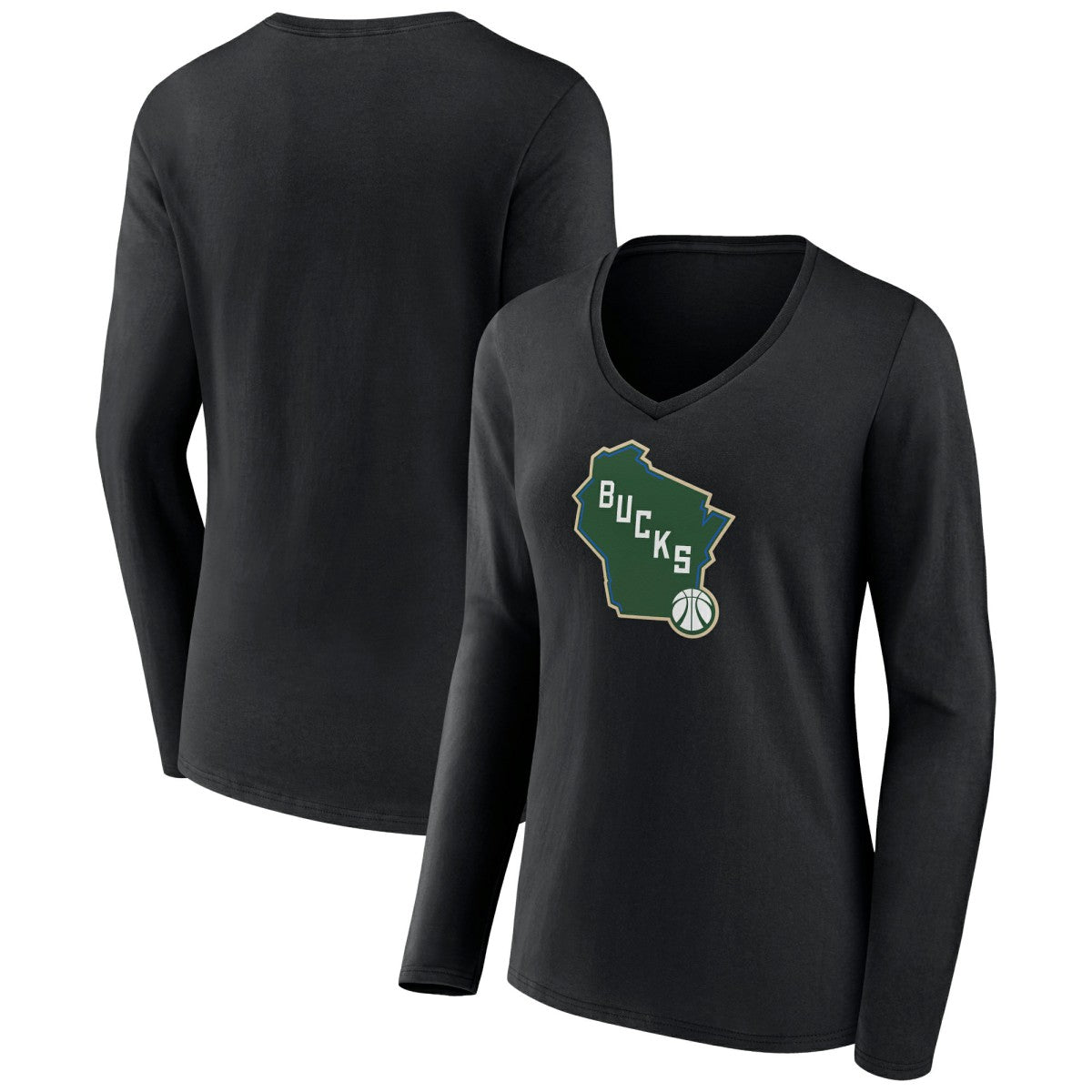 Black Milwaukee Bucks Women's Alternate Logo V-Neck Long Sleeve T-Shirt | NBA