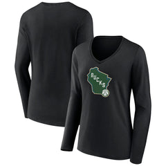 Black Milwaukee Bucks Women's Alternate Logo V-Neck Long Sleeve T-Shirt | NBA
