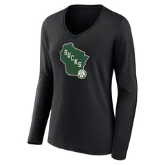 Black Milwaukee Bucks Women's Alternate Logo V-Neck Long Sleeve T-Shirt | NBA