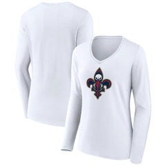White New Orleans Pelicans Women's Alternate Logo V-Neck Long Sleeve T-Shirt | NBA