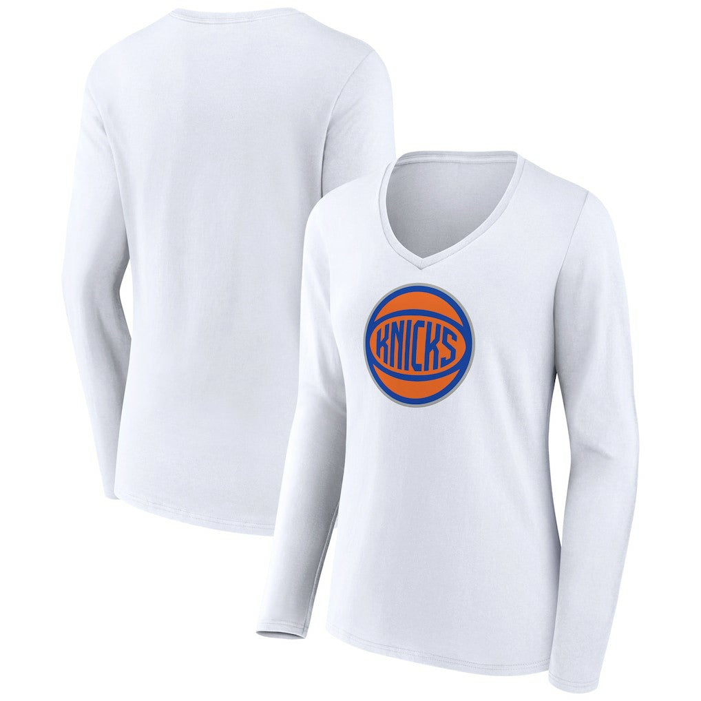 White New York Knicks Women's Alternate Logo V-Neck Long Sleeve T-Shirt | NBA