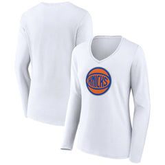 White New York Knicks Women's Alternate Logo V-Neck Long Sleeve T-Shirt | NBA