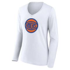 White New York Knicks Women's Alternate Logo V-Neck Long Sleeve T-Shirt | NBA
