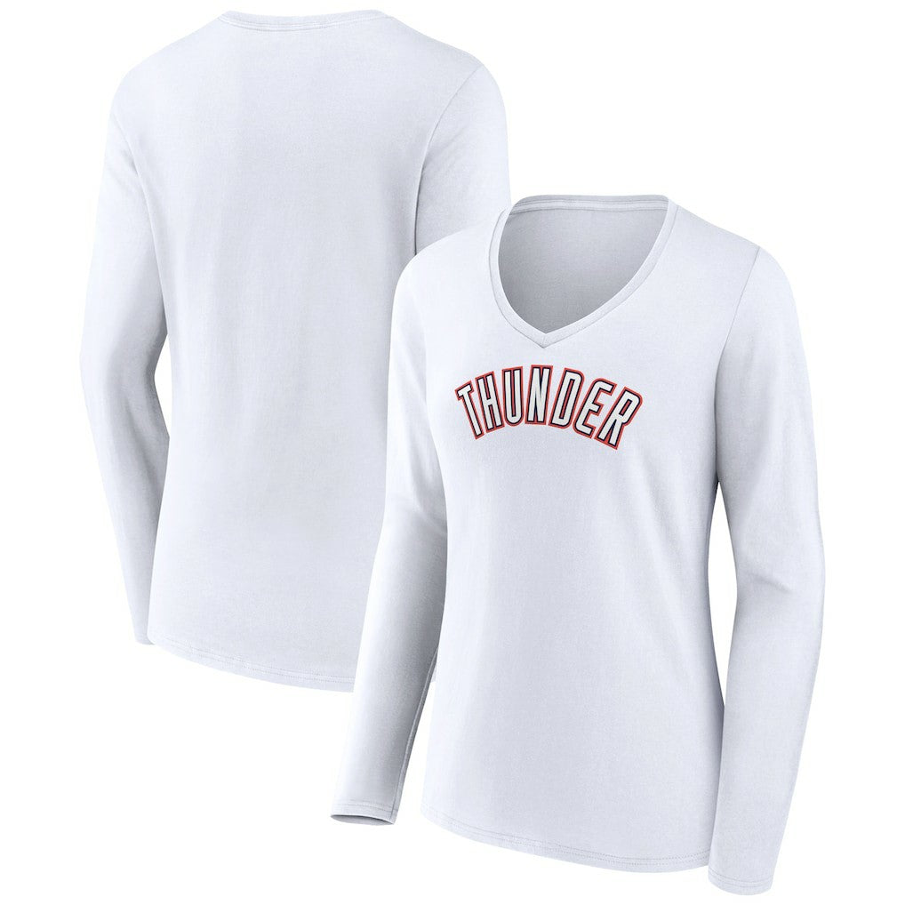 White Oklahoma City Thunder Women's Alternate Logo V-Neck Long Sleeve T-Shirt | NBA