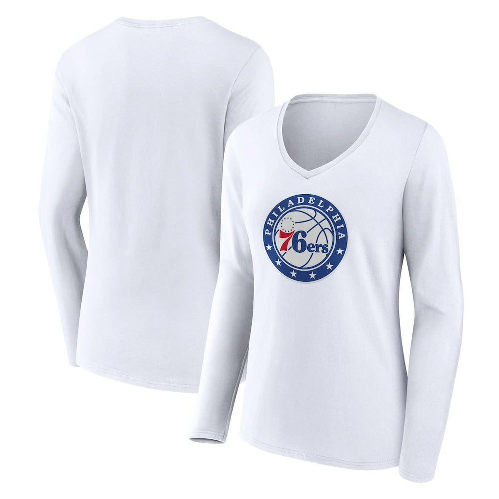 White Philadelphia 76ers Women's Alternate Logo V-Neck Long Sleeve T-Shirt | NBA