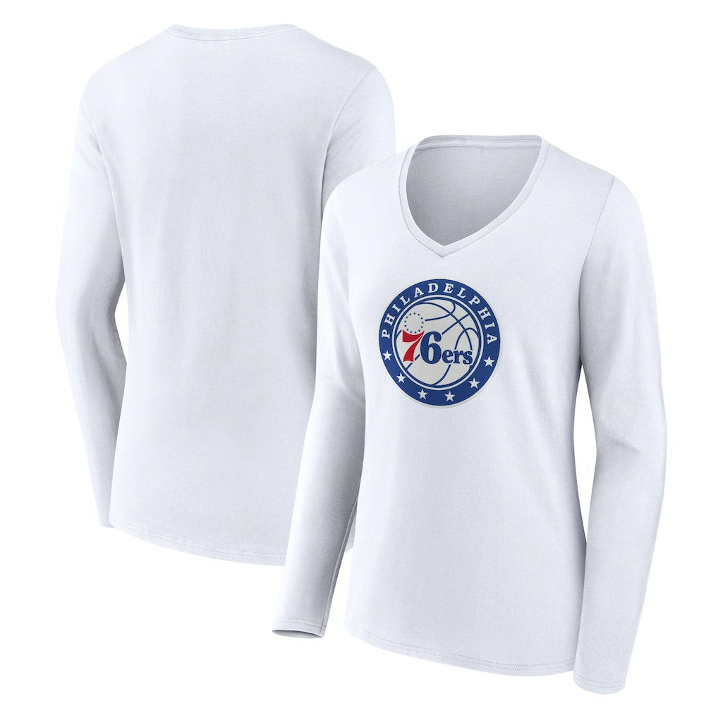 White Philadelphia 76ers Women's Alternate Logo V-Neck Long Sleeve T-Shirt | NBA