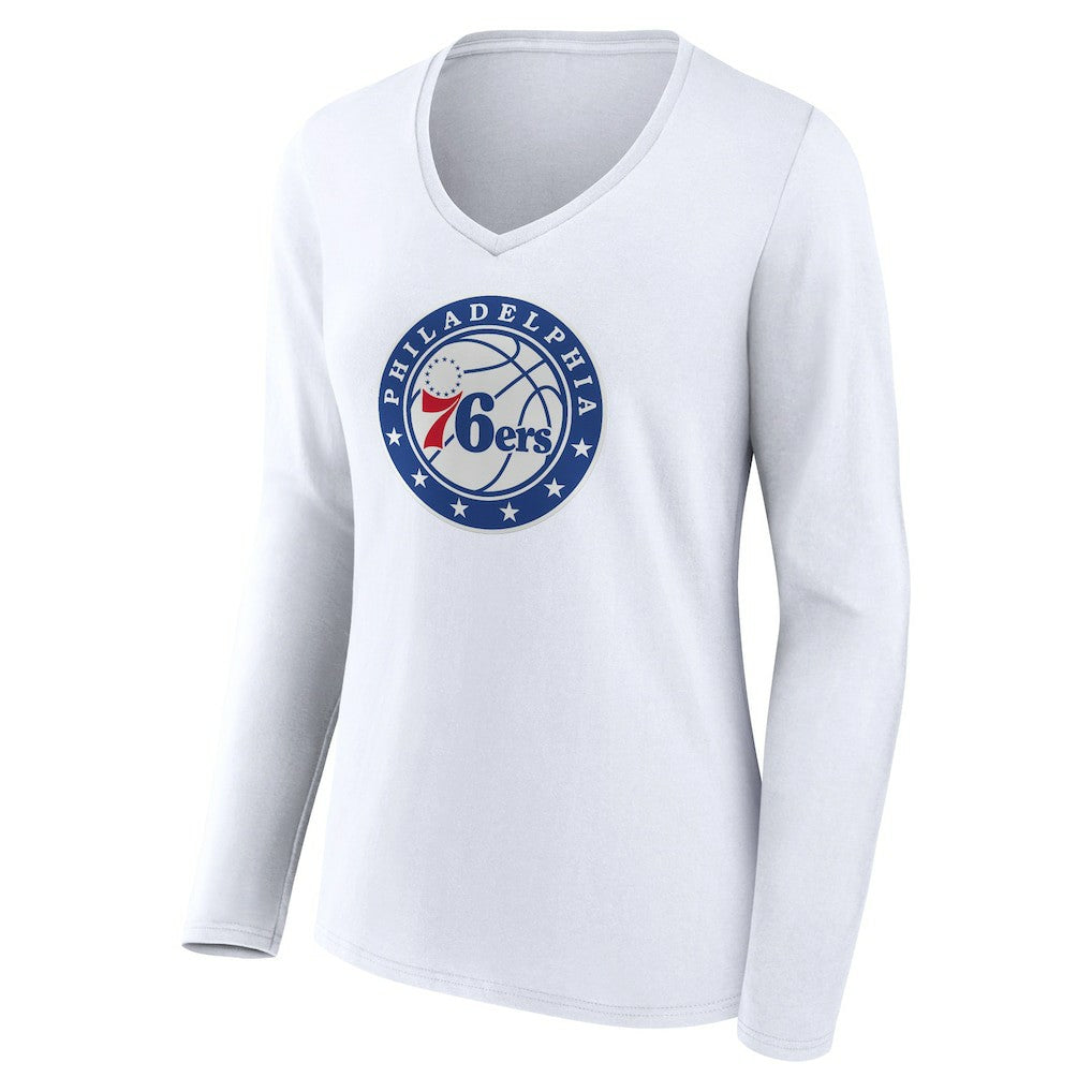 White Philadelphia 76ers Women's Alternate Logo V-Neck Long Sleeve T-Shirt | NBA