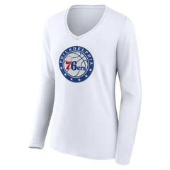 White Philadelphia 76ers Women's Alternate Logo V-Neck Long Sleeve T-Shirt | NBA