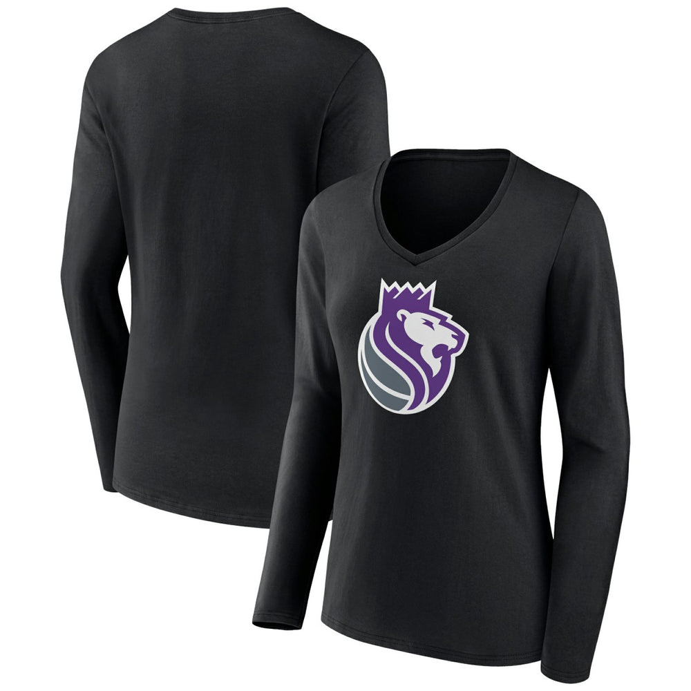 Black Sacramento Kings Women's Alternate Logo V-Neck Long Sleeve T-Shirt | NBA