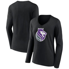 Black Sacramento Kings Women's Alternate Logo V-Neck Long Sleeve T-Shirt | NBA