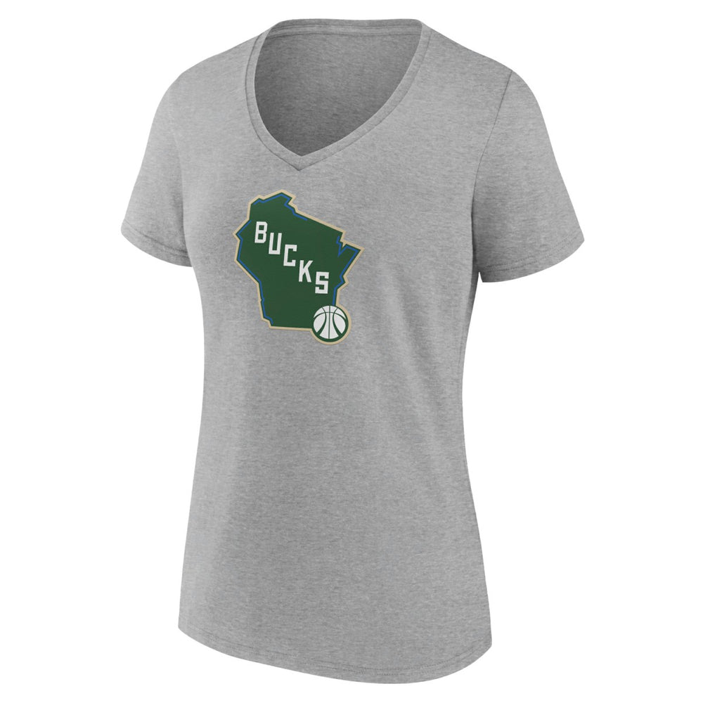 Heather Gray Milwaukee Bucks Women's Alternate Logo V-Neck T-Shirt | NBA