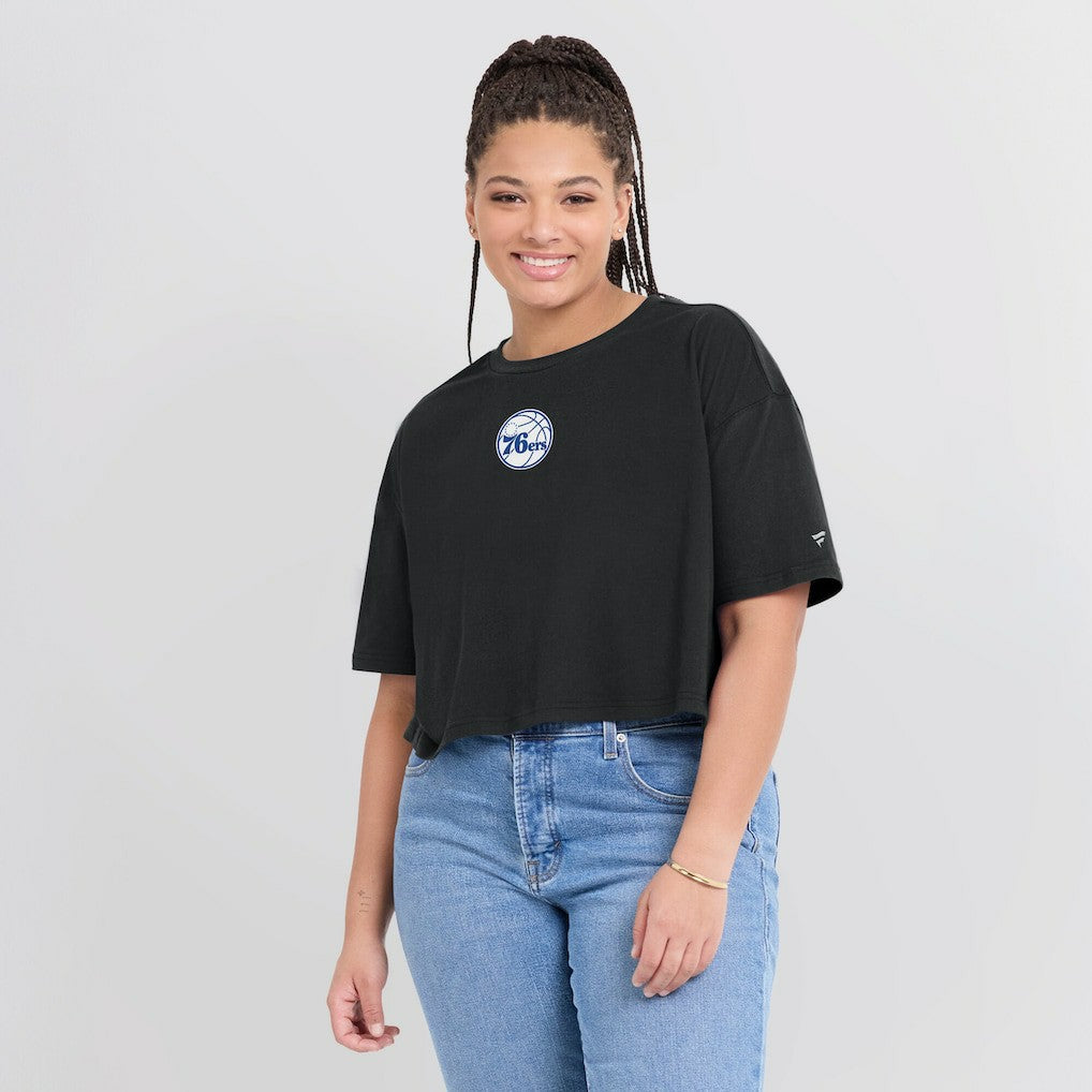 Black Philadelphia 76ers Women's Elements Super Soft Boxy Cropped T-Shirt | NBA