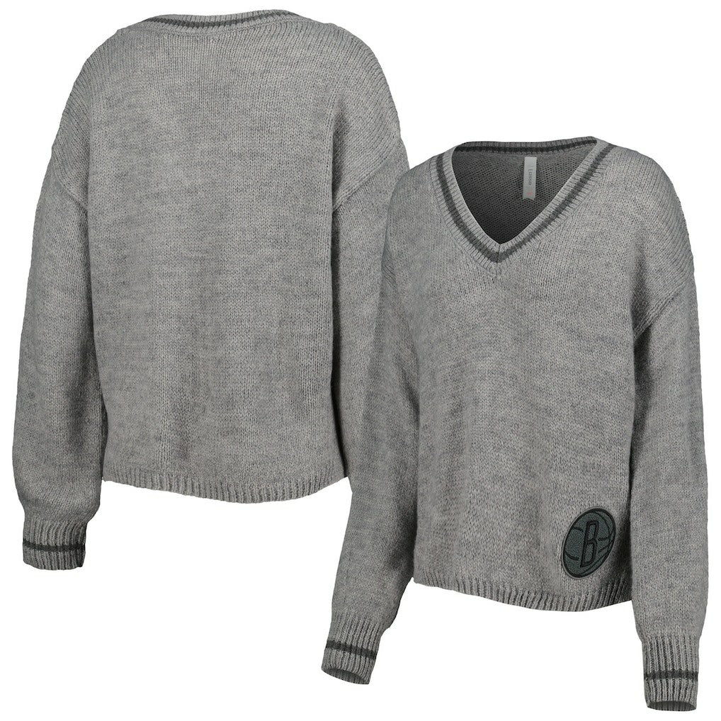 Gray Brooklyn Nets Lusso Women's Scarletts Lantern Sleeve Tri-Blend V-Neck Pullover Sweater | NBA
