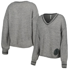 Gray Brooklyn Nets Lusso Women's Scarletts Lantern Sleeve Tri-Blend V-Neck Pullover Sweater | NBA
