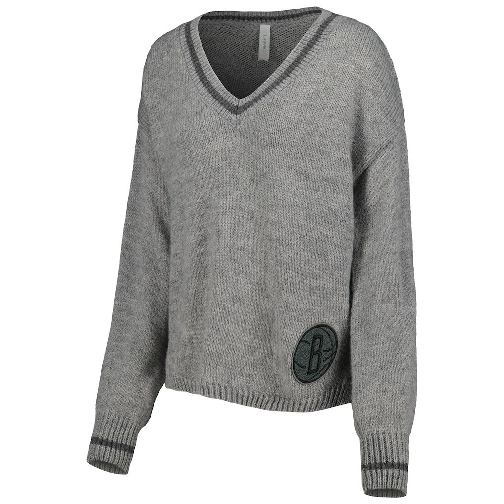 Gray Brooklyn Nets Lusso Women's Scarletts Lantern Sleeve Tri-Blend V-Neck Pullover Sweater | NBA