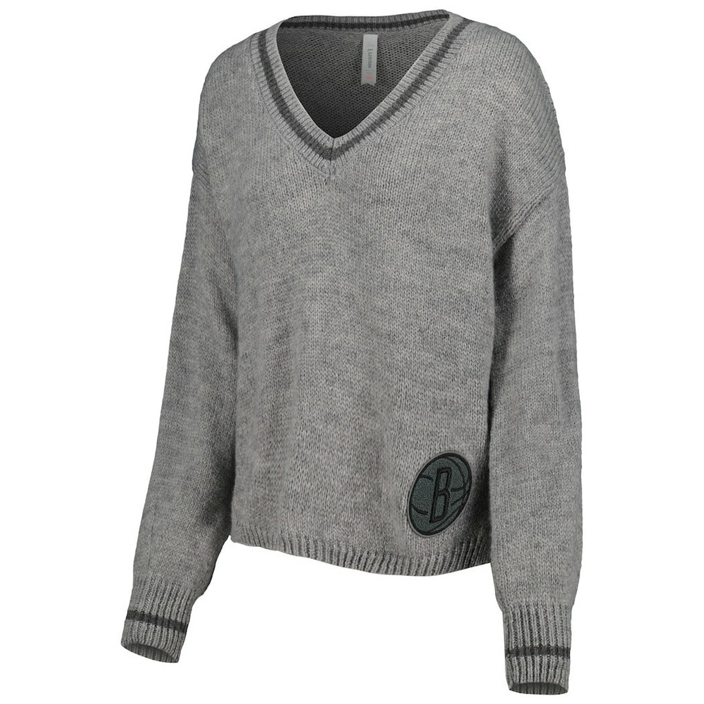 Gray Brooklyn Nets Lusso Women's Scarletts Lantern Sleeve Tri-Blend V-Neck Pullover Sweater | NBA