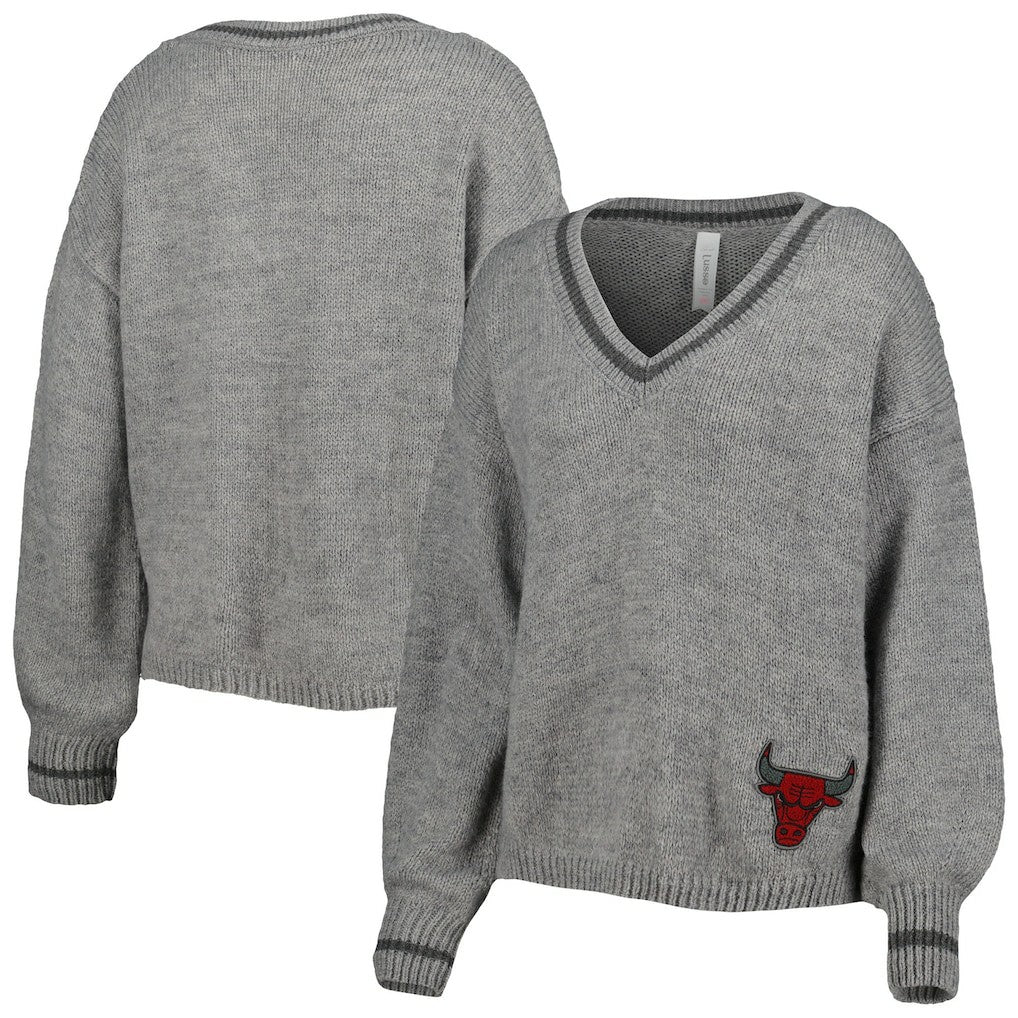 Gray Chicago Bulls Lusso Women's Scarletts Lantern Sleeve Tri-Blend V-Neck Pullover Sweater | NBA