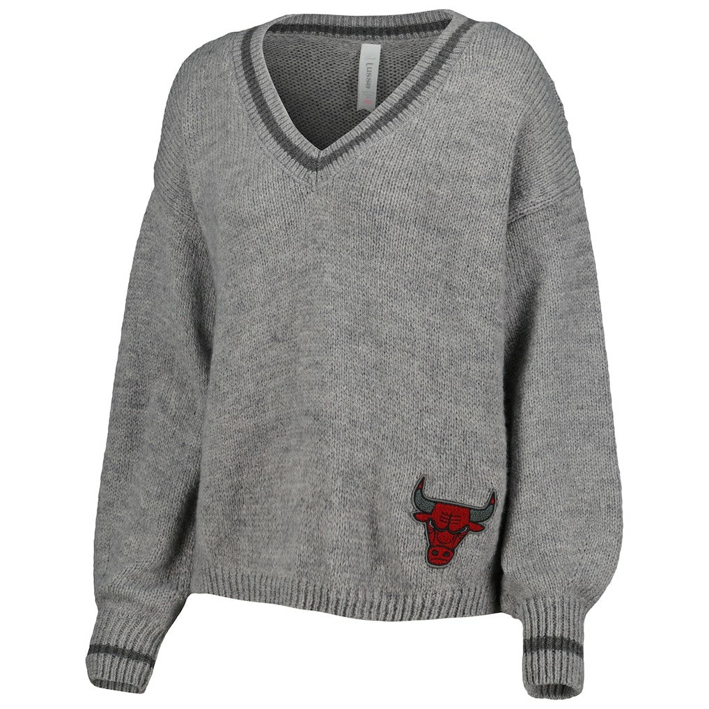 Gray Chicago Bulls Lusso Women's Scarletts Lantern Sleeve Tri-Blend V-Neck Pullover Sweater | NBA