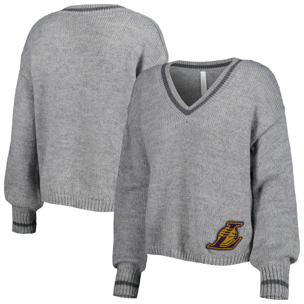 Gray Los Angeles Lakers Lusso Women's Scarletts Lantern Sleeve Tri-Blend V-Neck Pullover Sweater | NBA